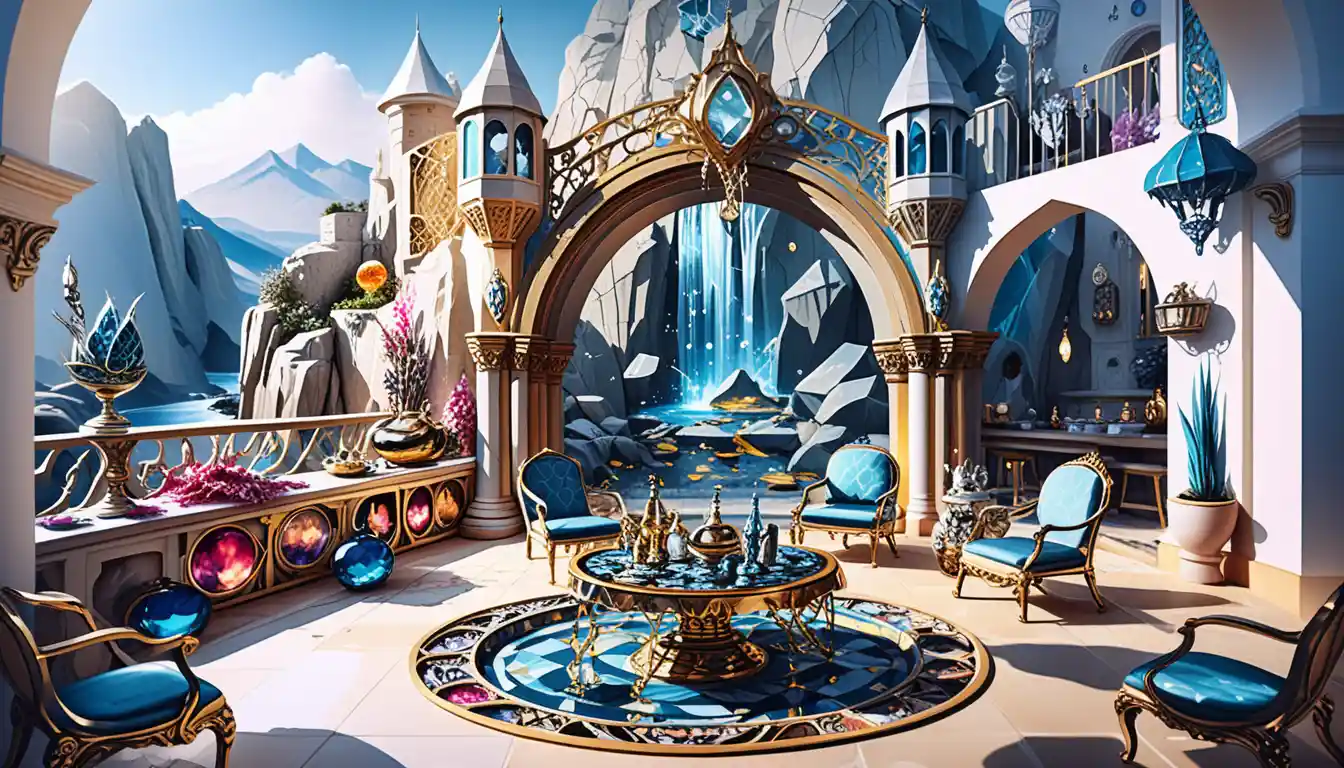 Luxurious mountain palace balcony overlooking fantasy castle