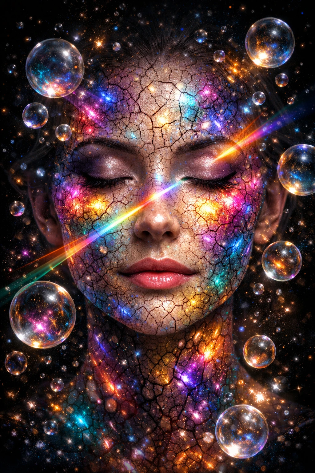 Surreal cosmic portrait of a serene woman with closed eyes