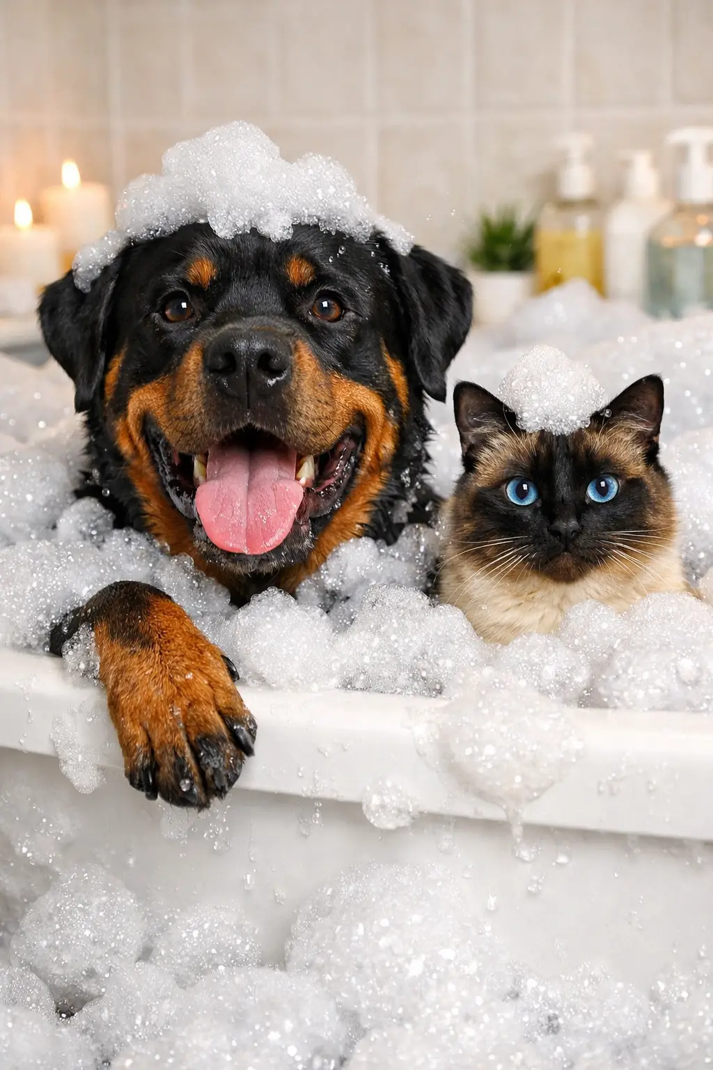 Rottweiler And Siamese Cat Sharing A Playful Bubble Bath
