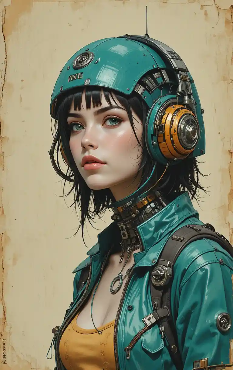 Futuristic woman with teal headset and mechanical details