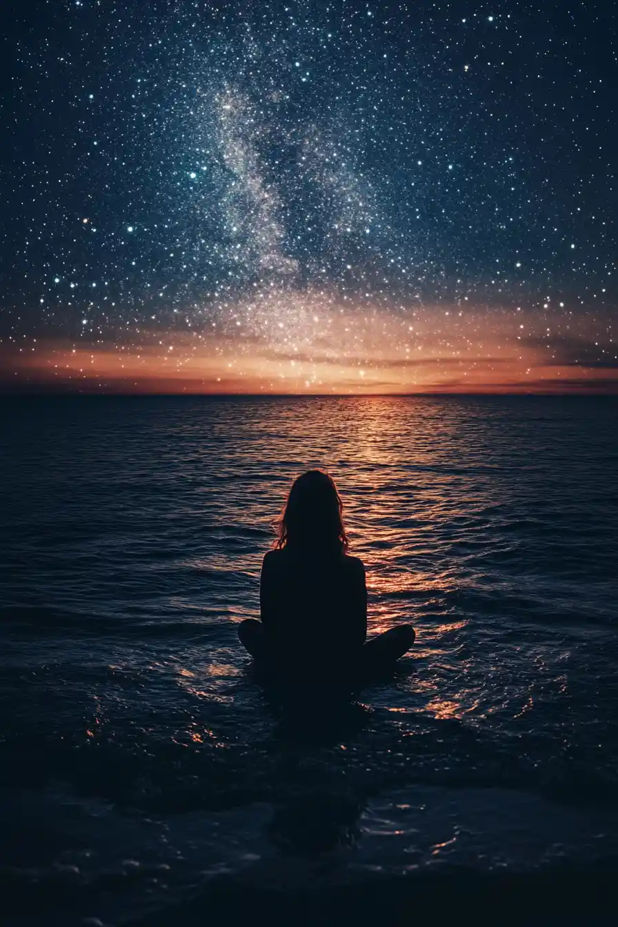 Persona che osserva il silenzioso cielo notturno pieno di stelle