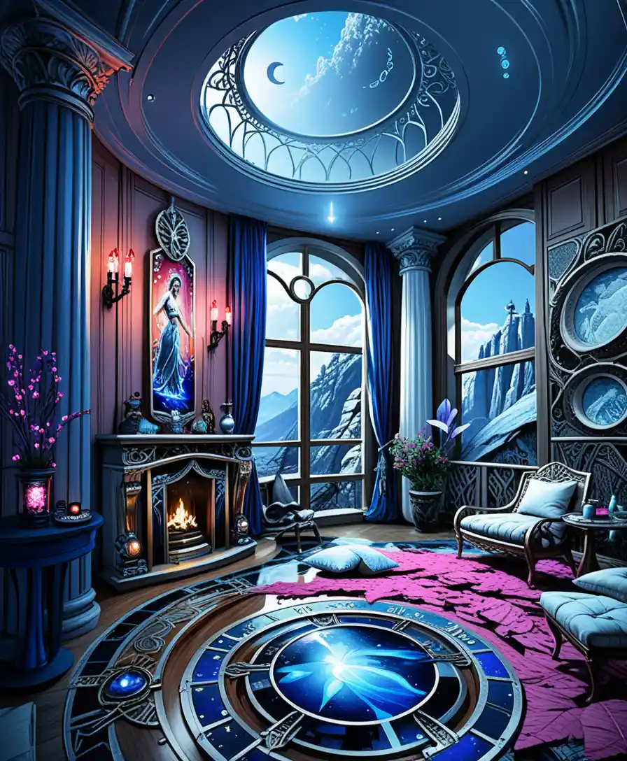 Isometric luxury stone villa interior in fantasy mountain setting