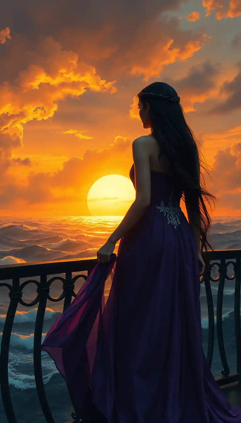 Mulher de vestido roxo observando o nascer do sol no mar