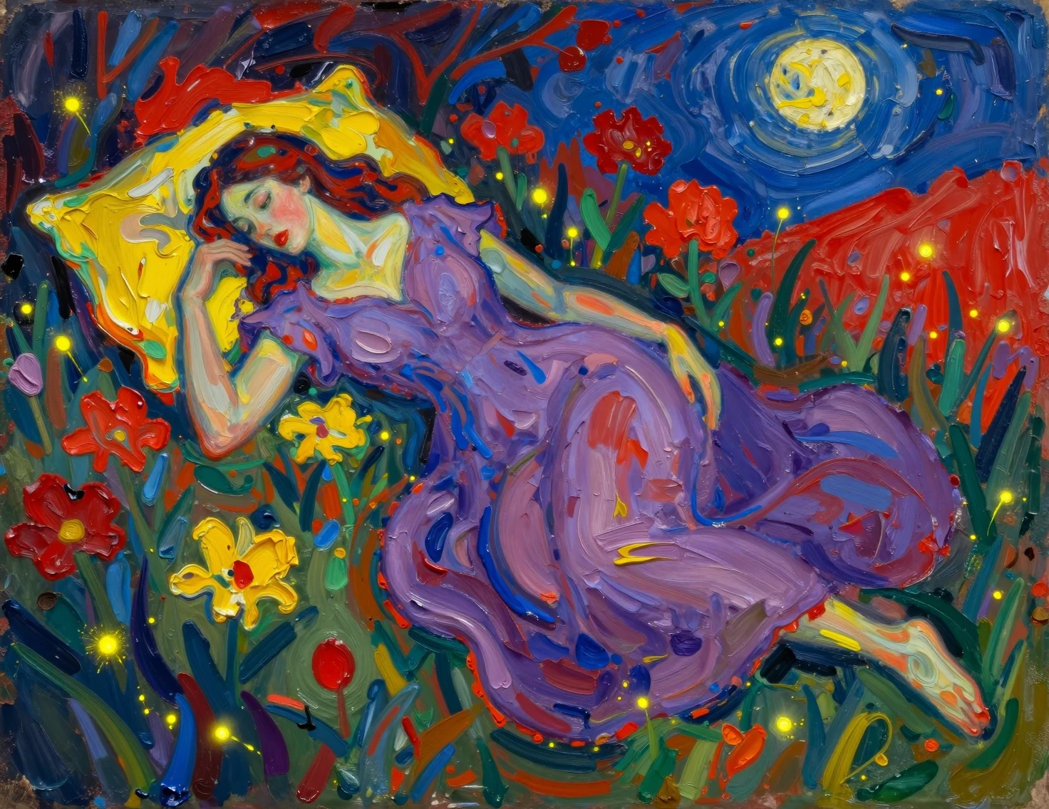 Donna che dorme con abito viola in un campo di fiori illuminato dal sole