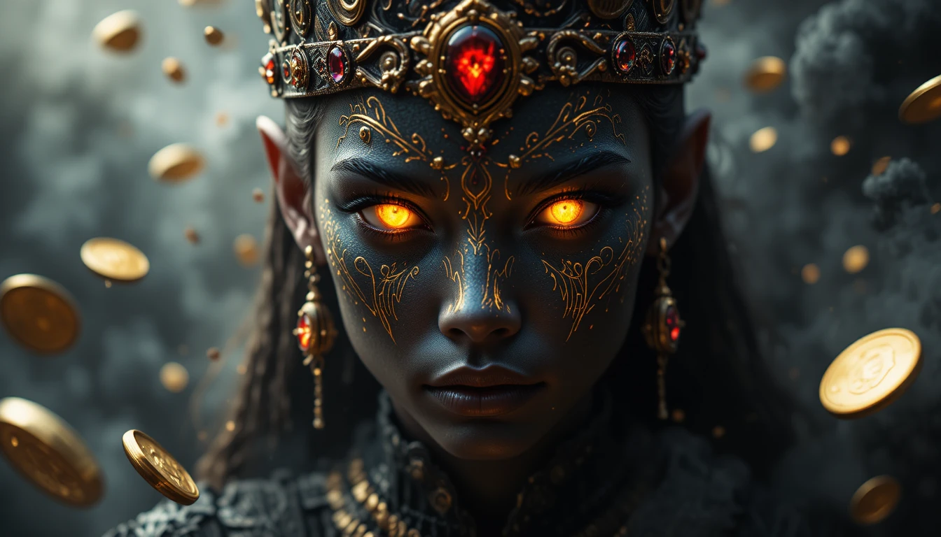 Mystical crowned woman with molten gold glowing eyes