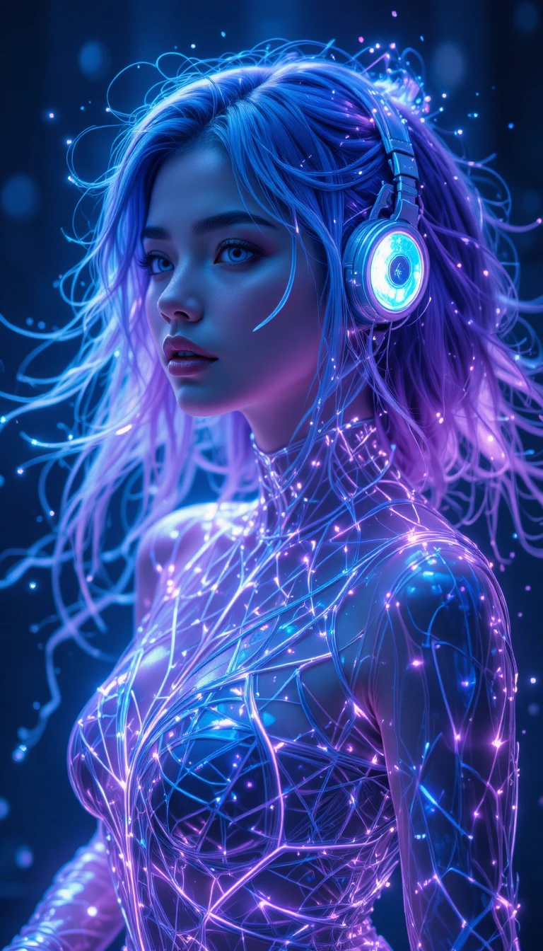 Neon haired dancer with headphones in infinite mirror glow