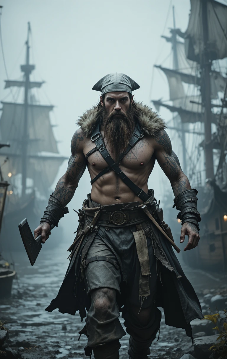 Tattooed sailor with axe in foggy pirate harbor