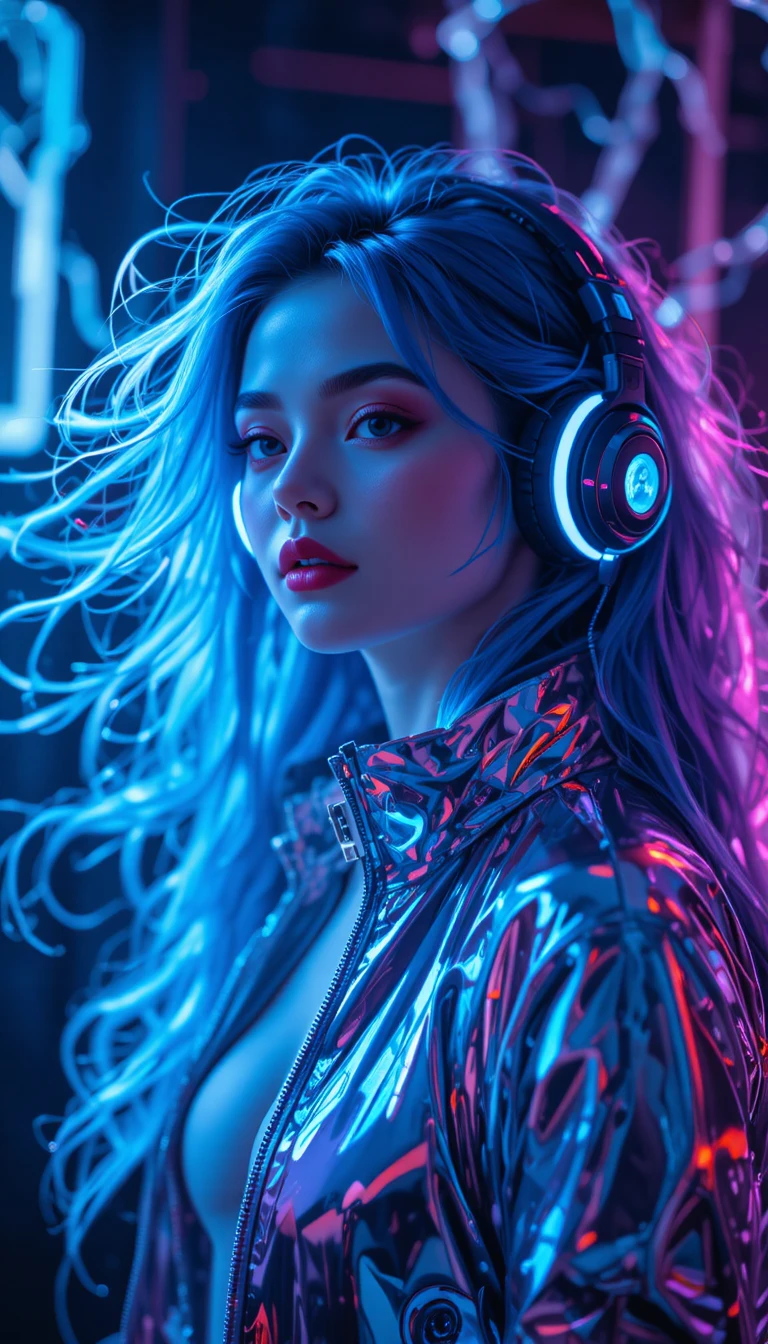 Bailarina de luz de cabello neón en una ciudad futurista