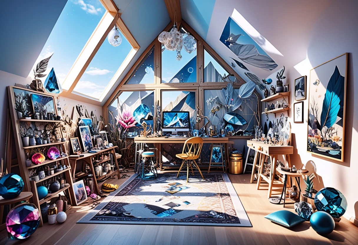 Loft studio solarpunk con tela centrale e cristalli