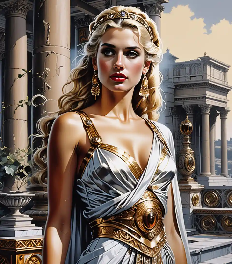 Regal Roman princess in a golden toga gown portrait