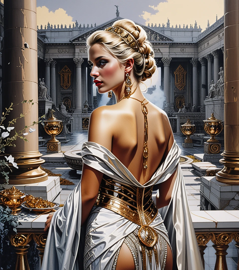 Römische Prinzessin in goldenem Toga-Kleid beim Bankett in der Dämmerung
