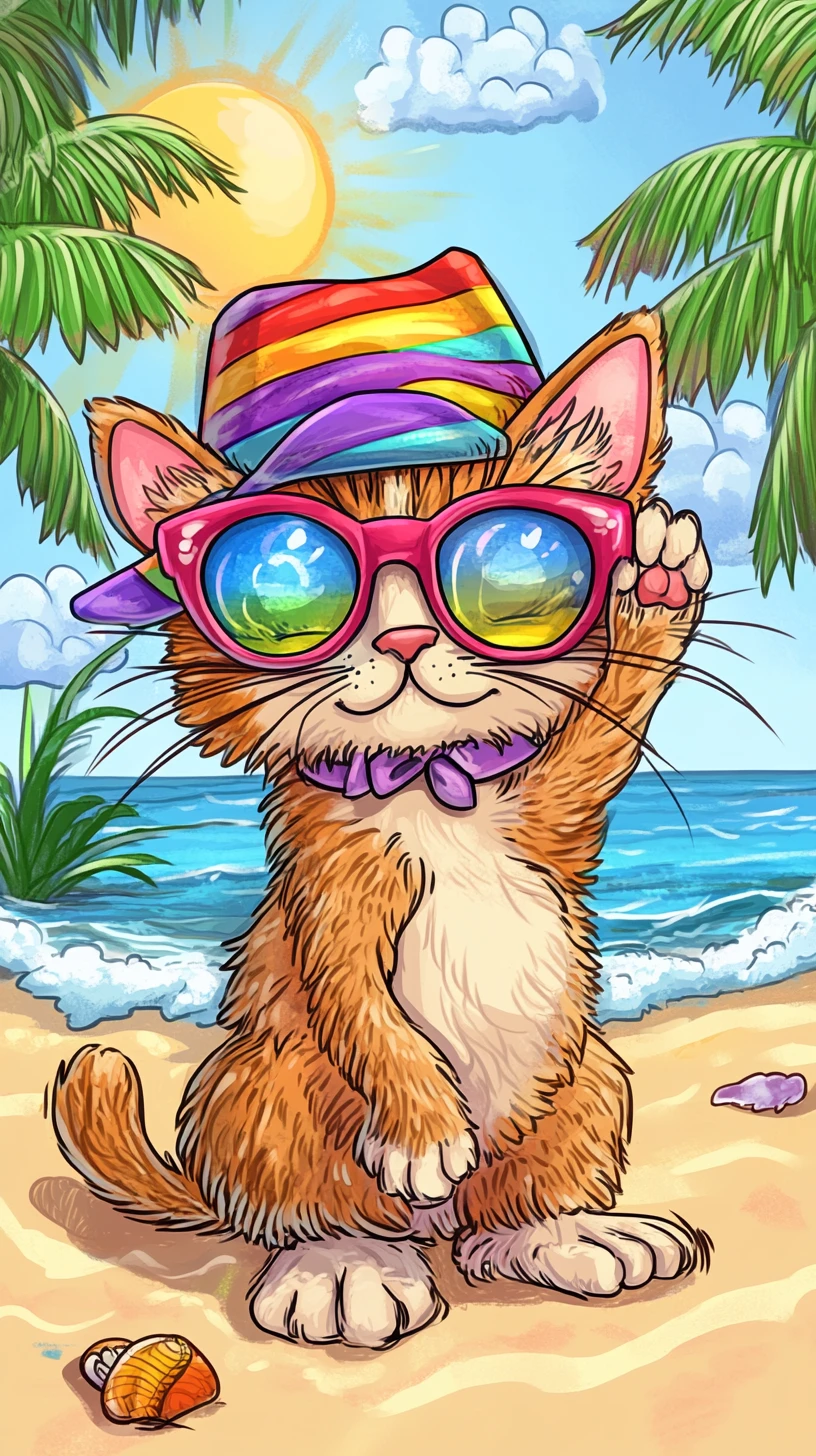 Cheerful Cartoon Cat Relaxing On A Sunny Tropical Beach