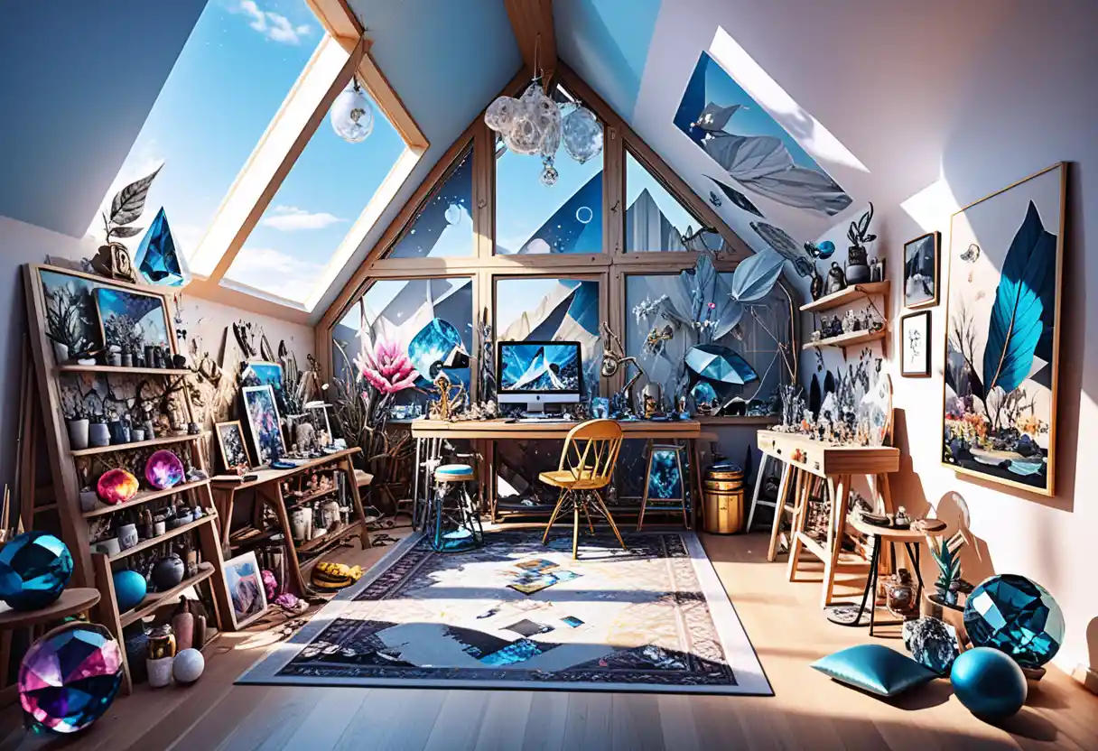 Solarpunk-Loftstudio mit zentraler Leinwand und Kristallen
