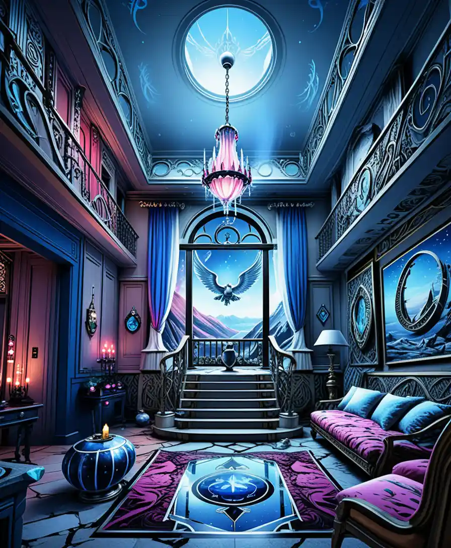 Isometric luxury stone villa interior in a mythical mountain setting