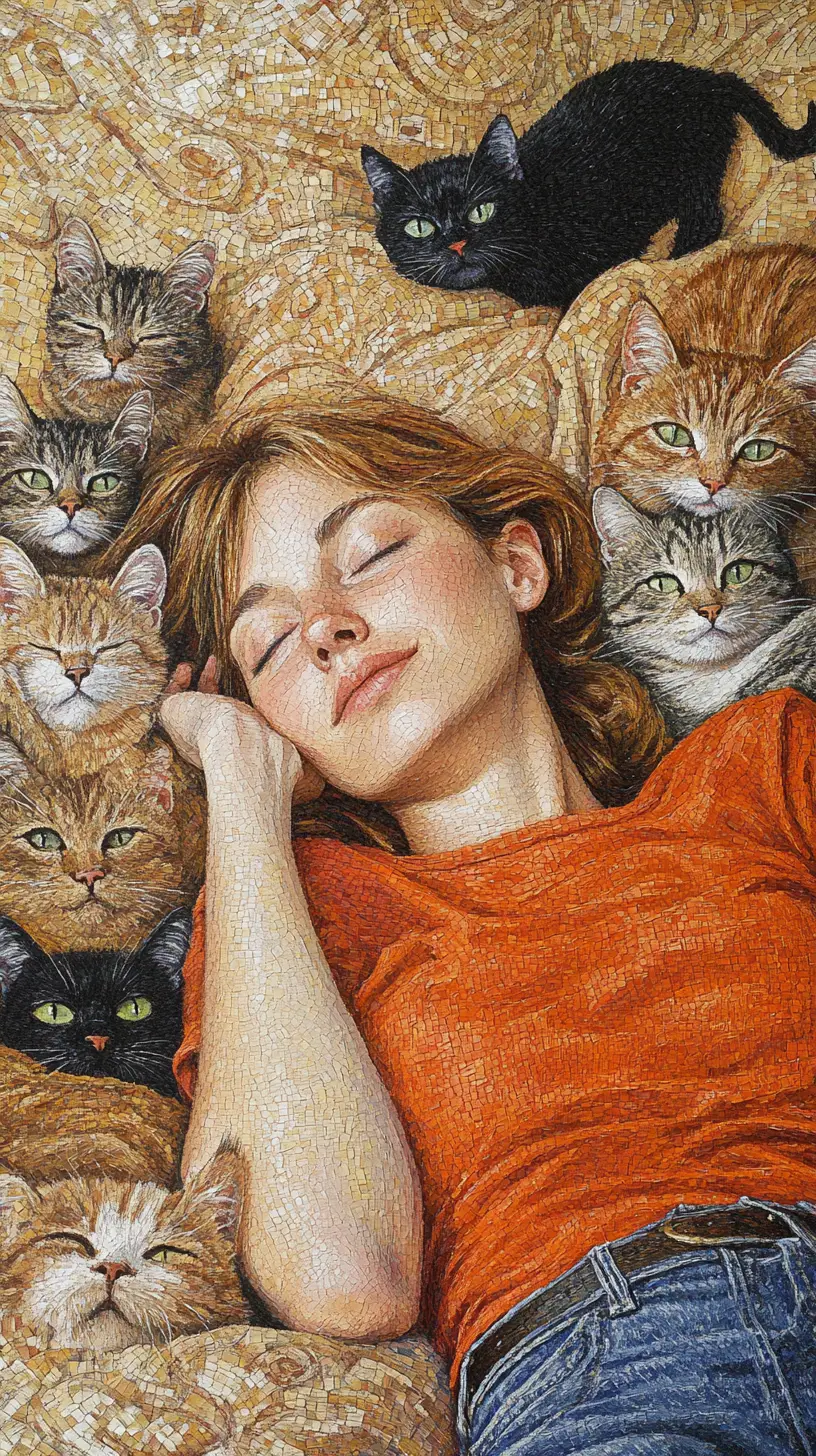 Donna che si rilassa su un letto con molti gatti colorati