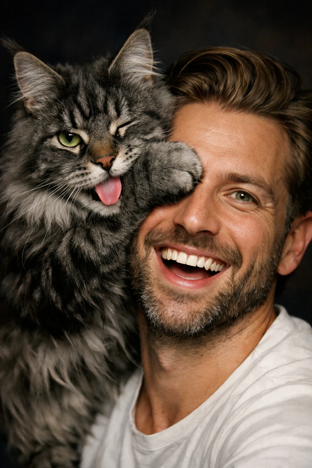 遊び心のある男性とメインクーン猫のアップポートレート