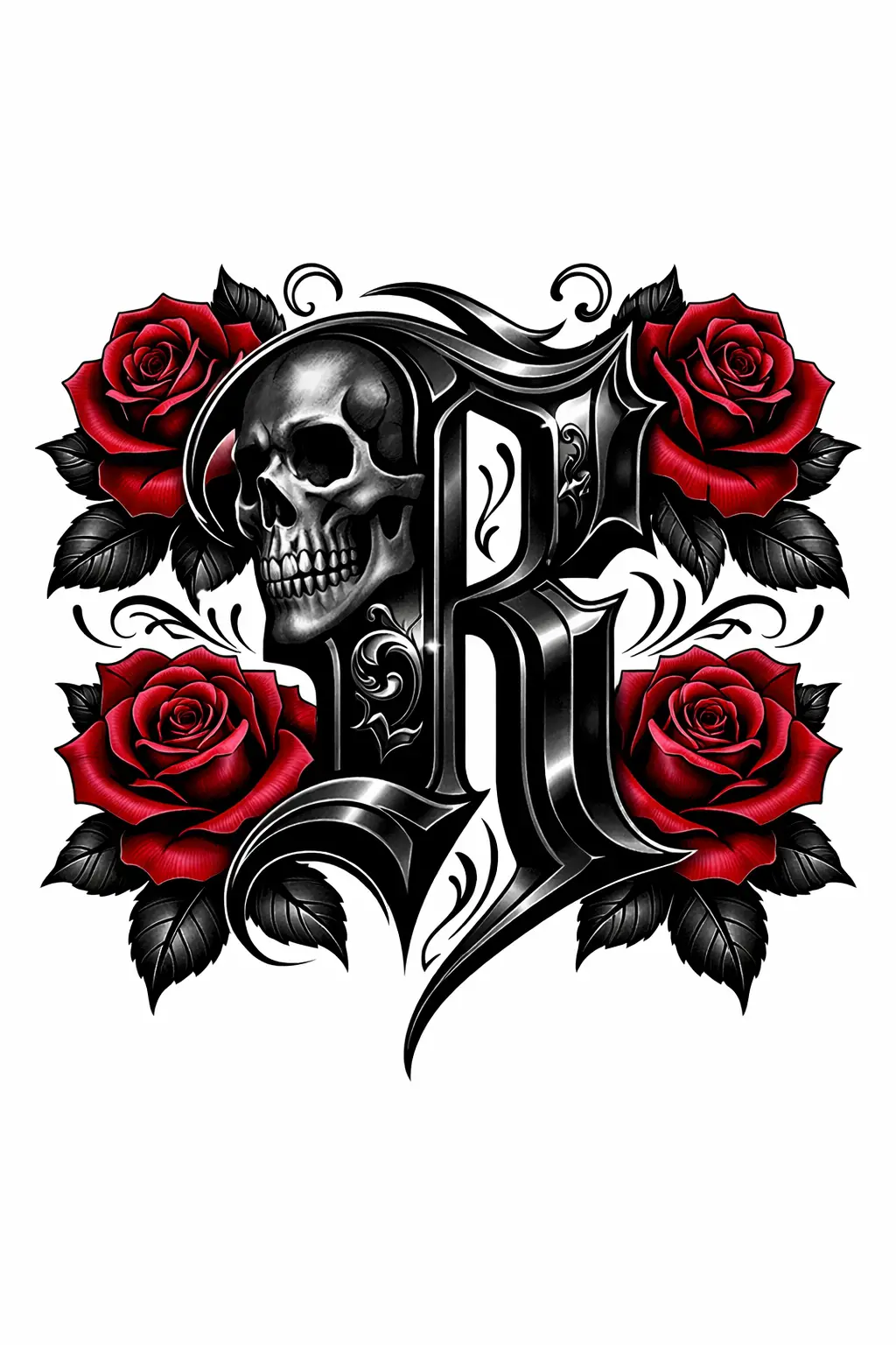 Gothic blackletter skull with deep red roses tattoo design