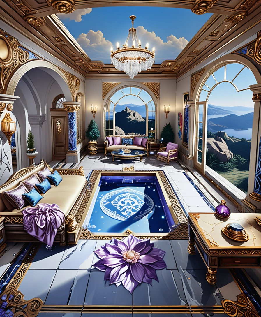 Isometrisches Luxus-Steinvilla-Interieur in fantastischer Bergkulisse