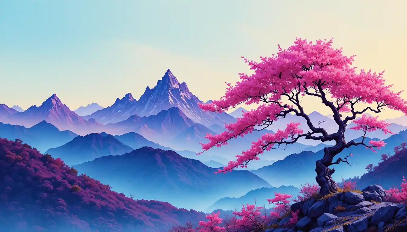 Glitch inspired cherry blossoms over tranquil mountain landscape