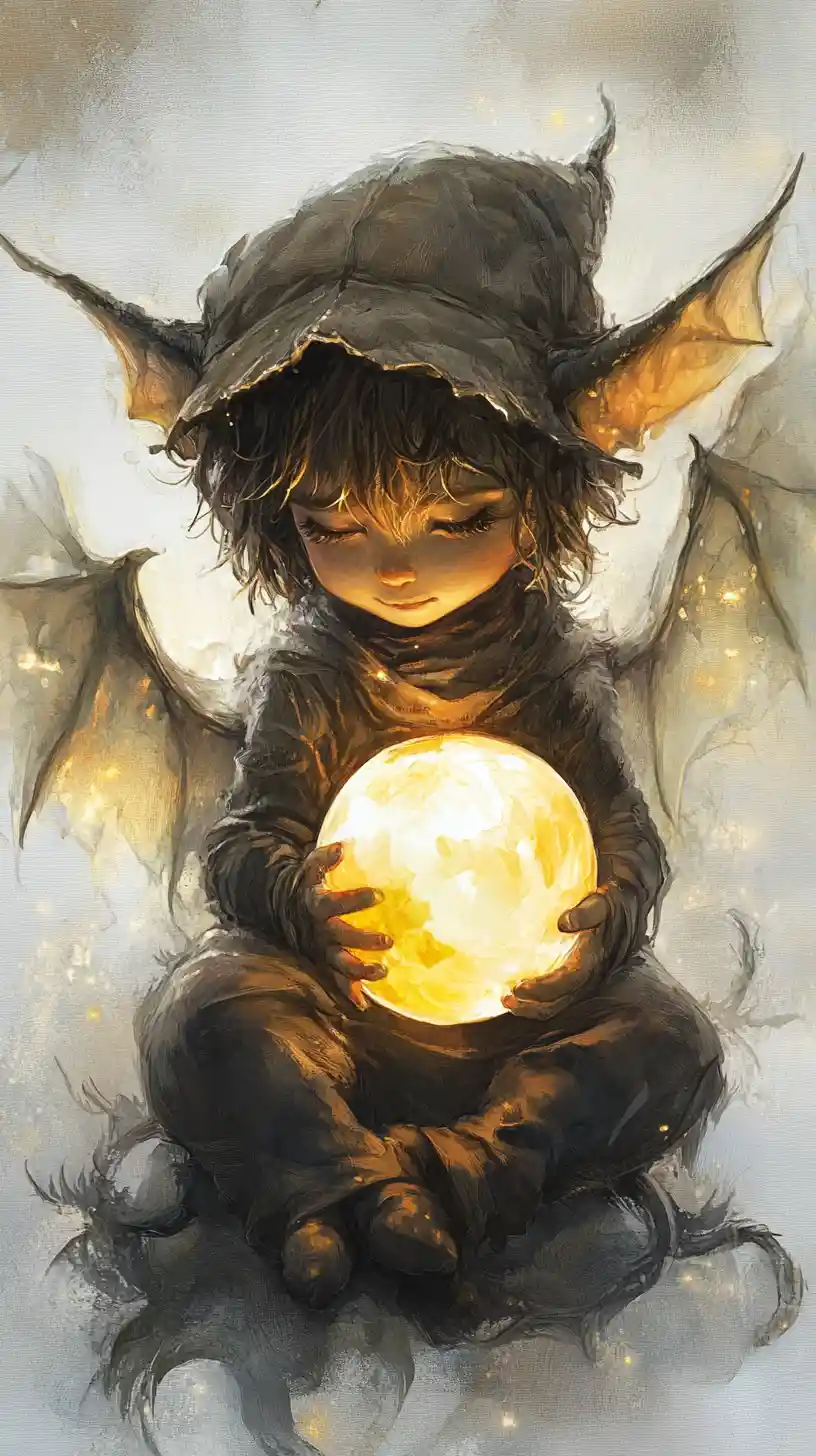 光るおなかと光のオーブを持つ小さな赤ちゃんドラゴン