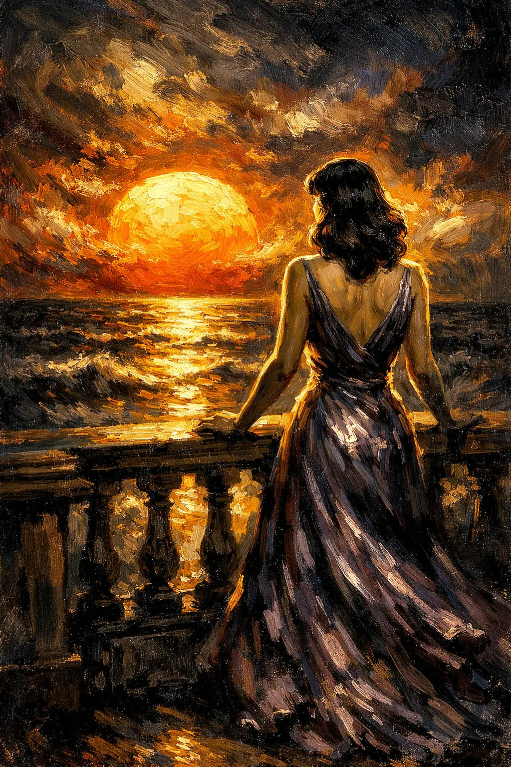 Woman on balcony watching sunrise over stormy sea