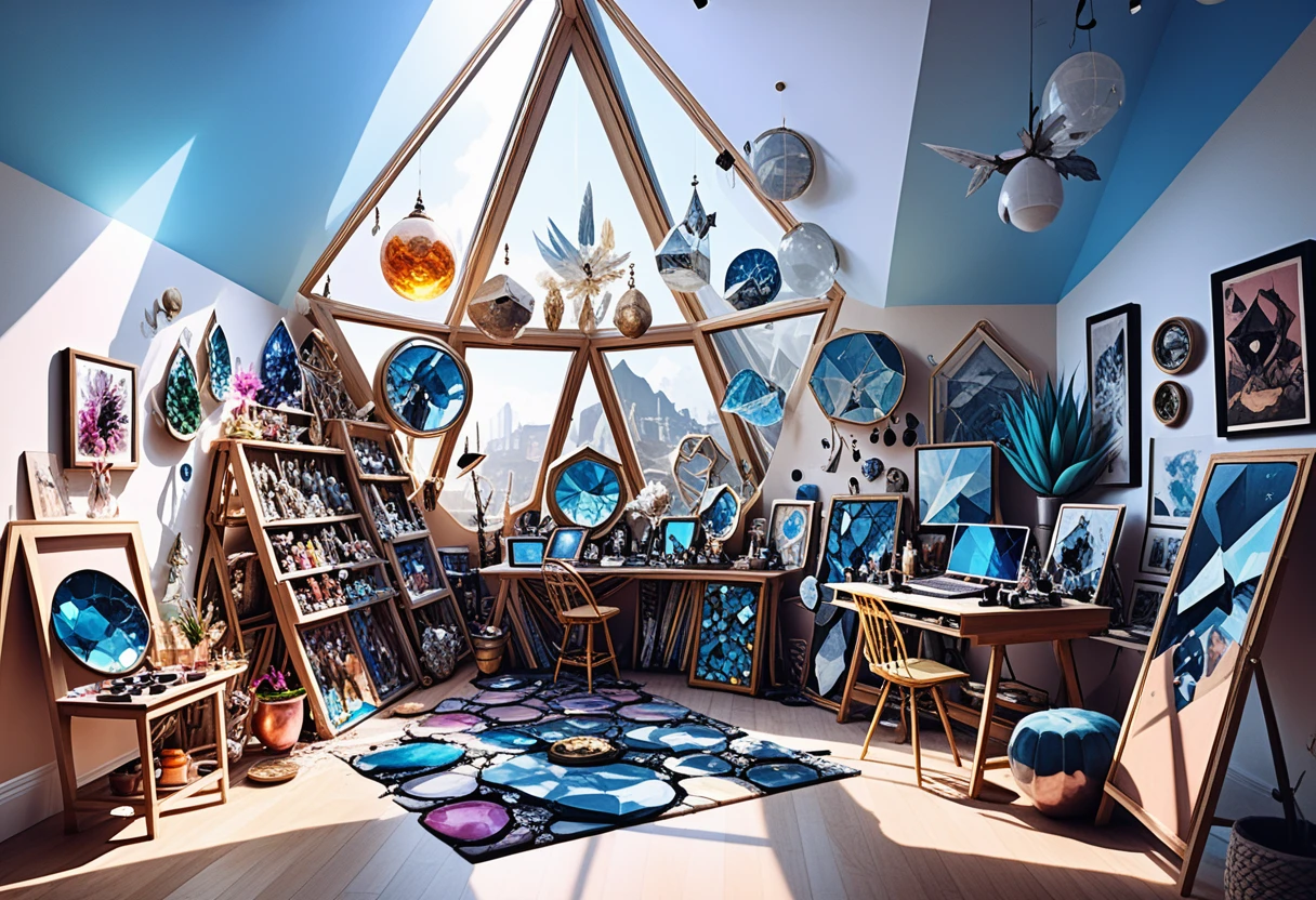 Solar punk loft studio with canvas and crystal displays
