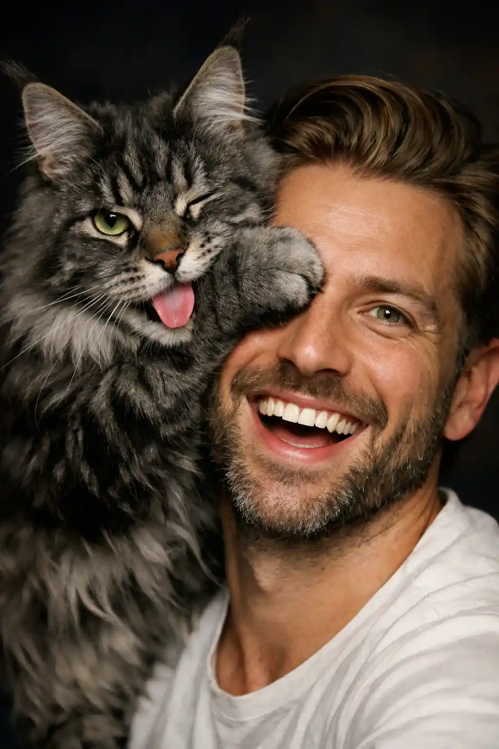 Playful man and maine coon cat close up portrait