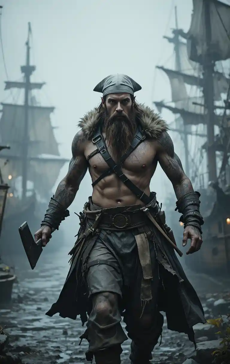 Tattooed sailor with axe in foggy pirate harbor