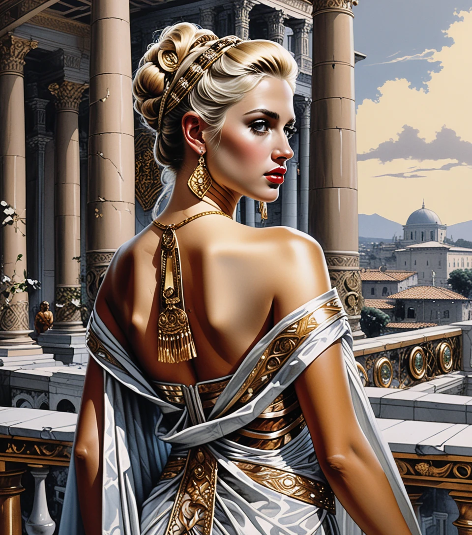 Roman princess in a golden toga gown at twilight banquet