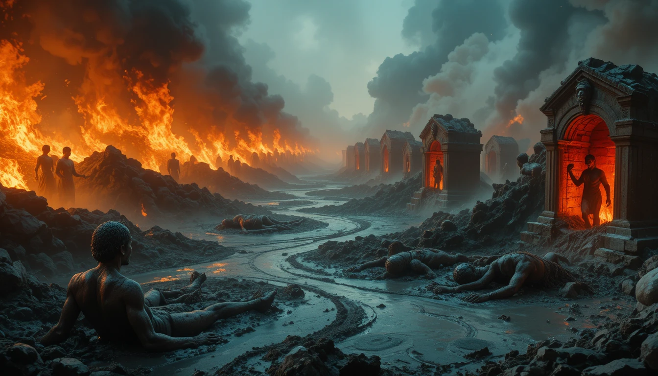 Panoramic infernal landscape of humans bound to brutal winds
