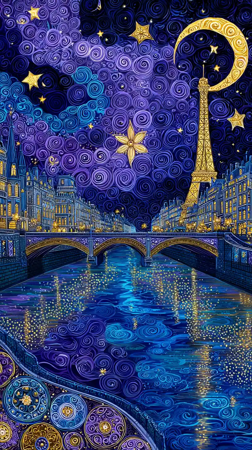 Paisaje urbano dorado de París junto al río bajo la luna de medianoche