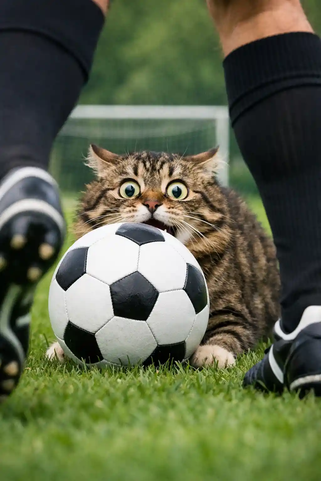 Scared Cartoon Cat Hiding Behind A Soccer Ball