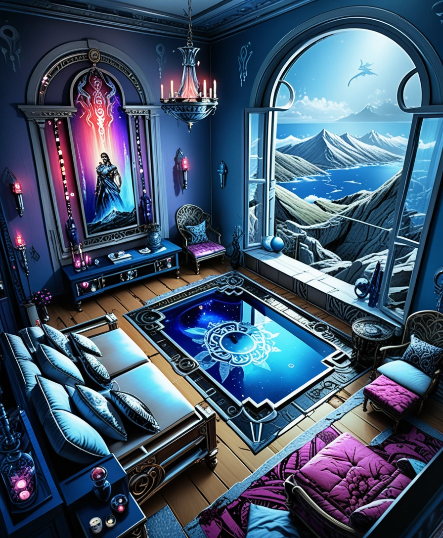 Isometric luxury stone villa interior in mountain landscape