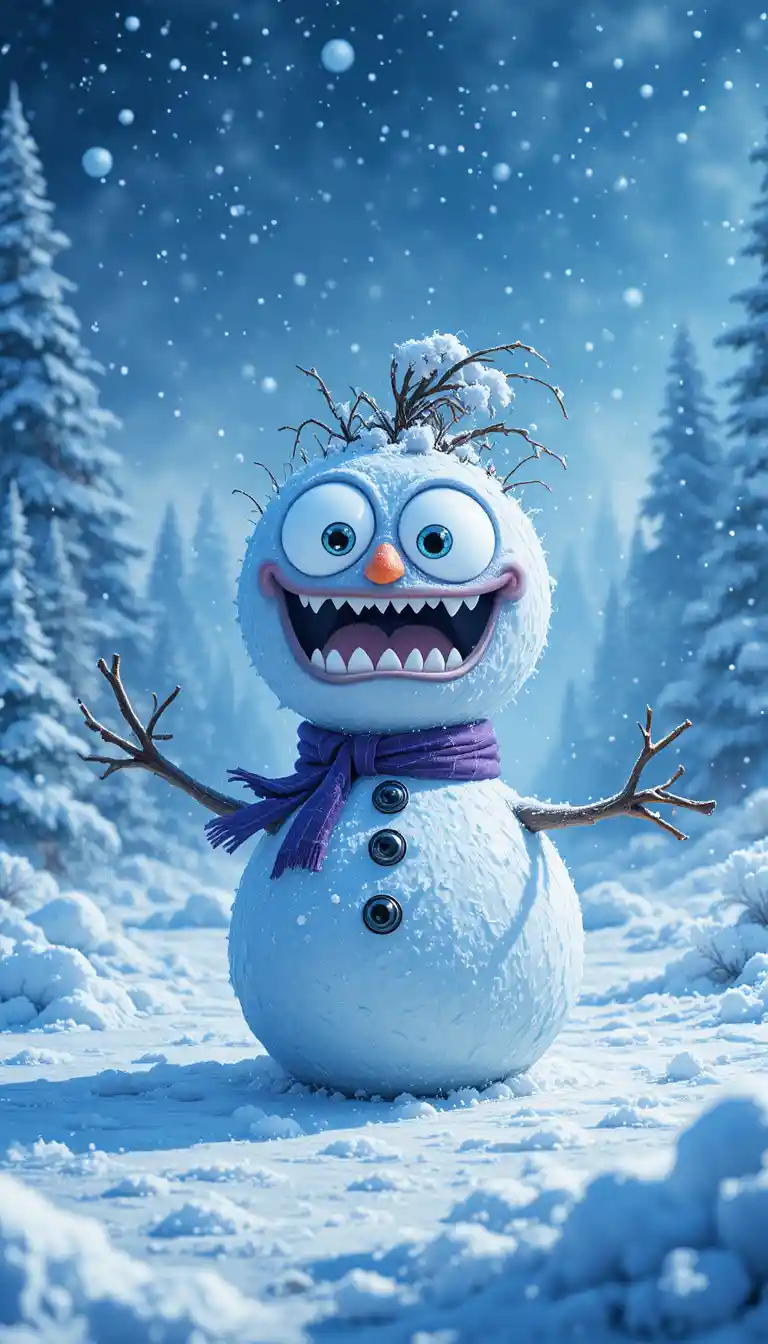 Cartoon-Schneemann in einer verspielten gefrorenen Winterlandschaft