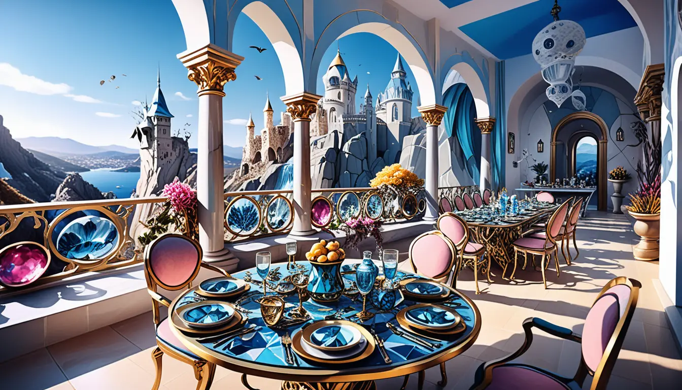 Lujosa terraza de fantasía para cenar sobre un palacio en la montaña