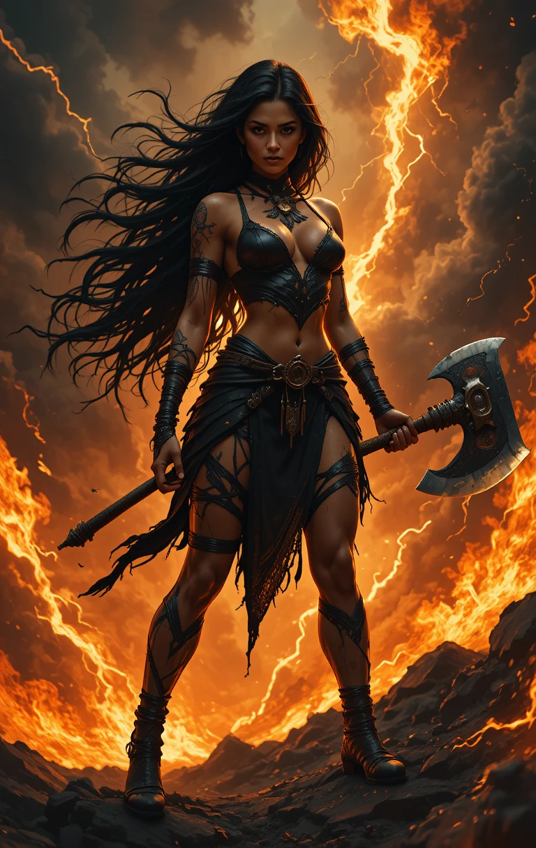 Fierce tribal warrior woman amid fire lightning and smoke