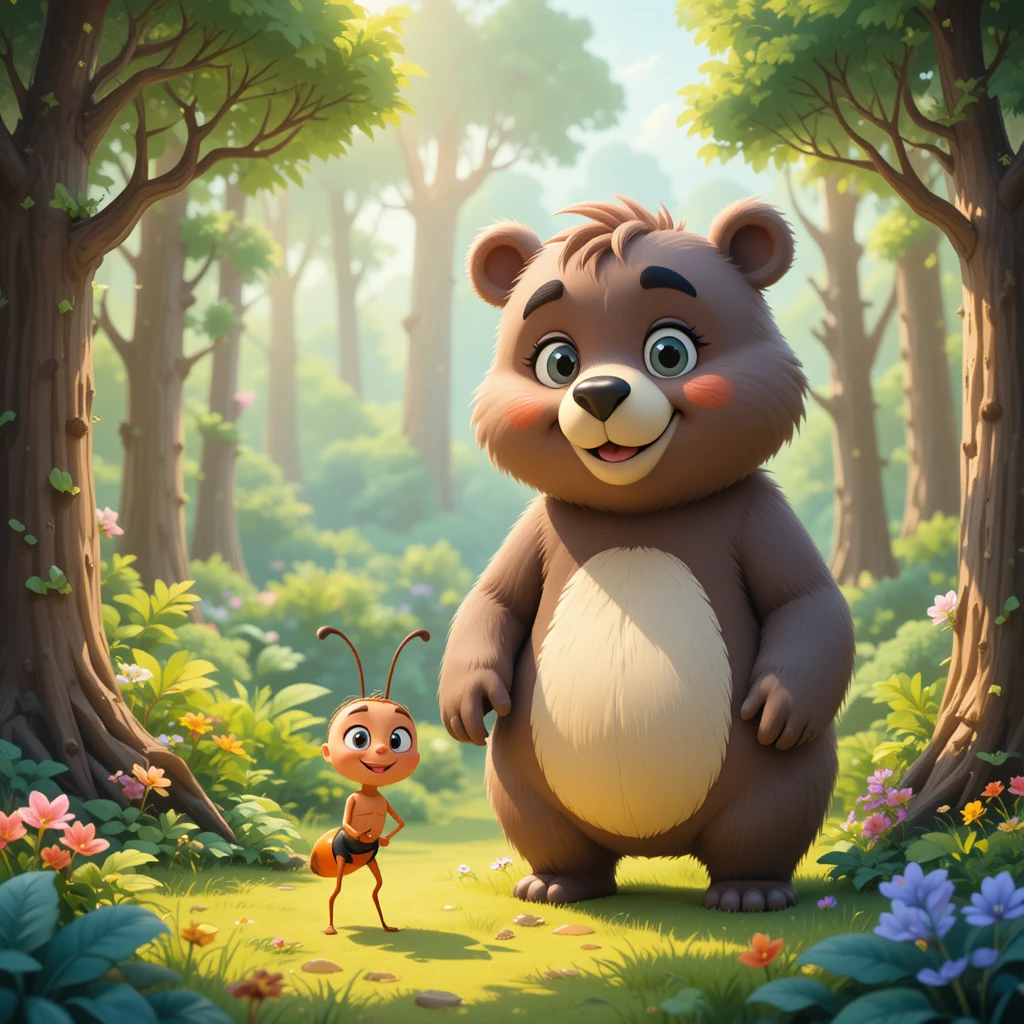 Adorable ours cartoon et amie fourmi dans une forêt ensoleillée