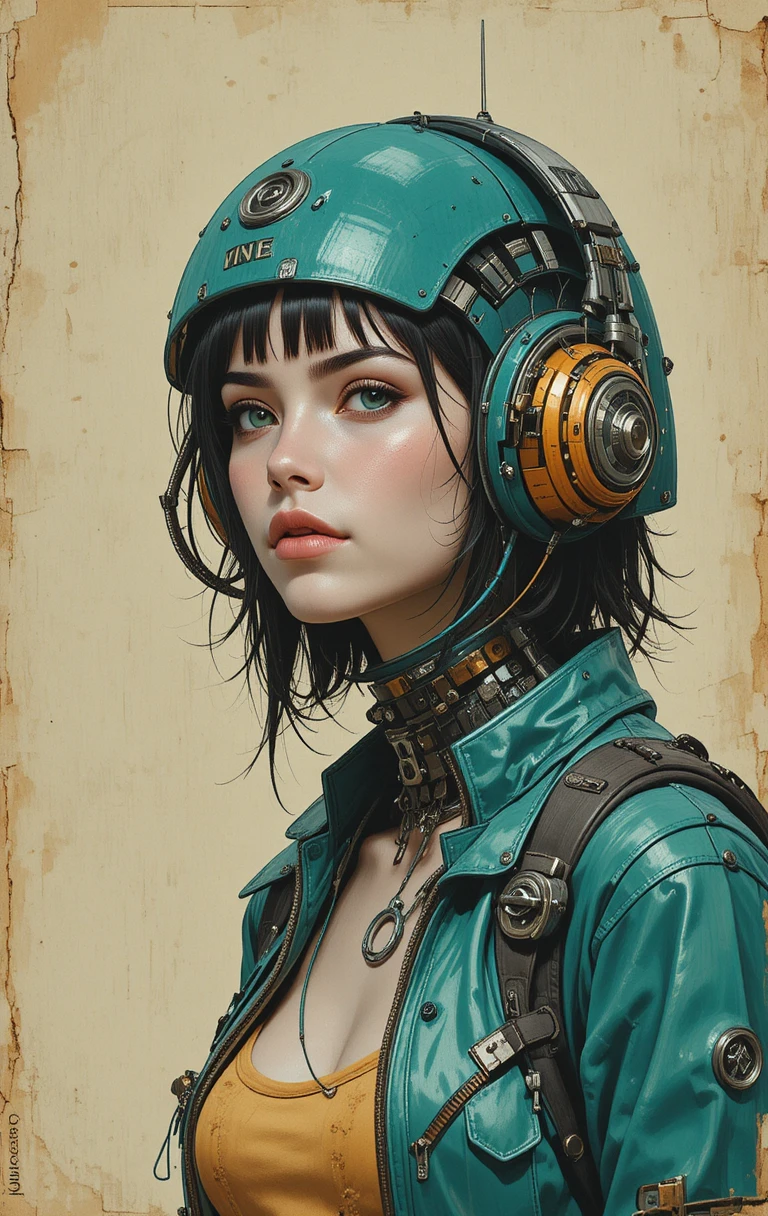 Futuristic woman with teal headset and mechanical details