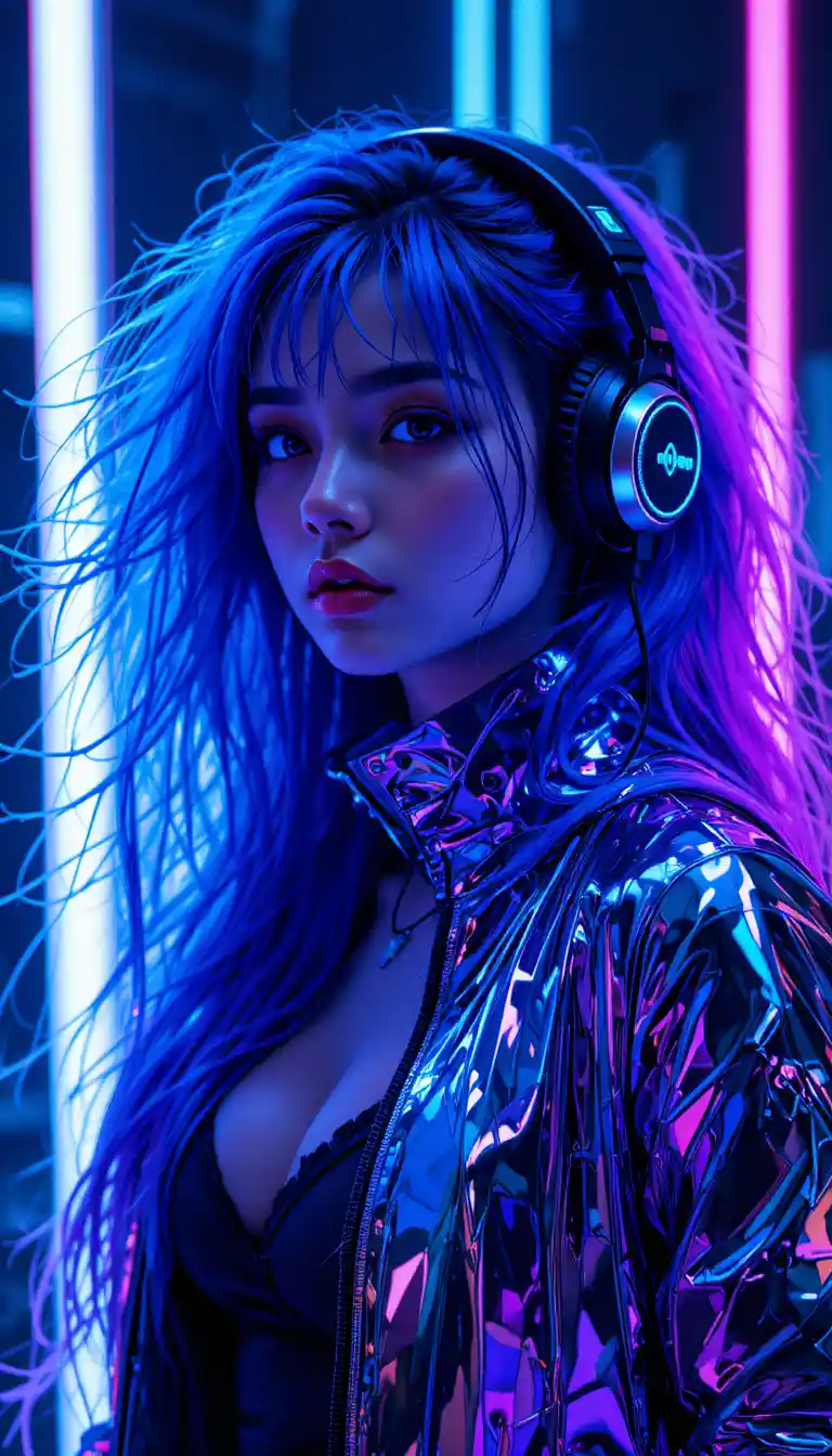 Mujer de cabello neón con auriculares en un resplandor cyberpunk