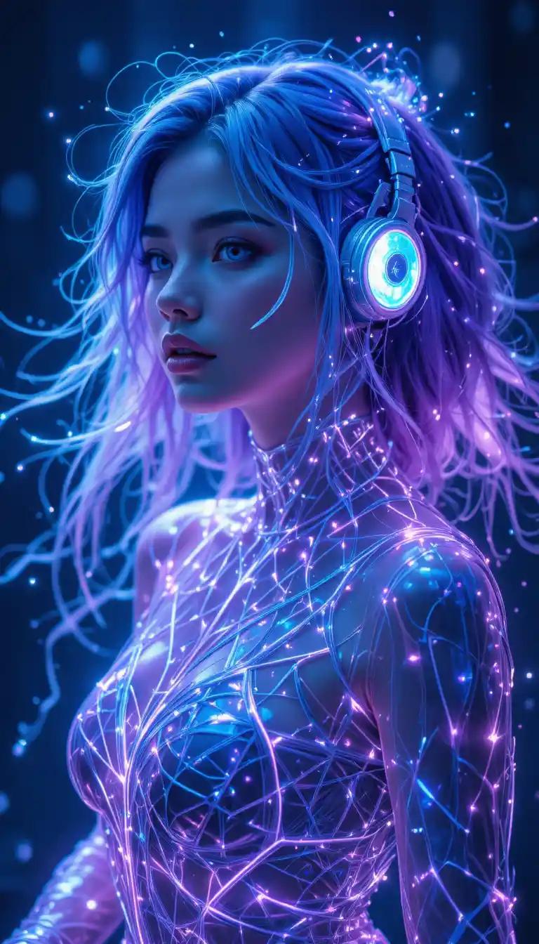 Bailarina de cabello neón con auriculares en brillo de espejo infinito