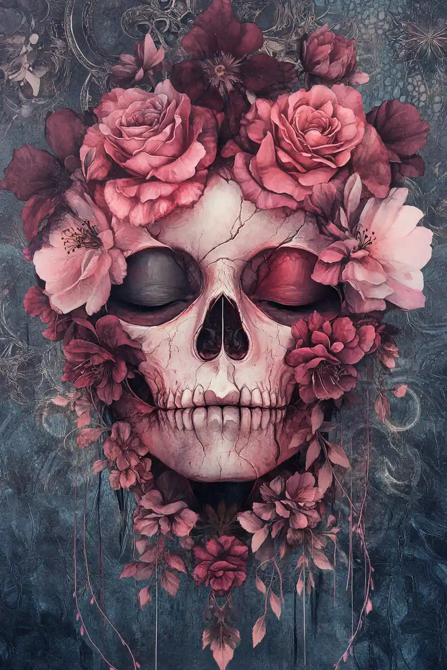 Floral skull formed from blooming roses and layered petals