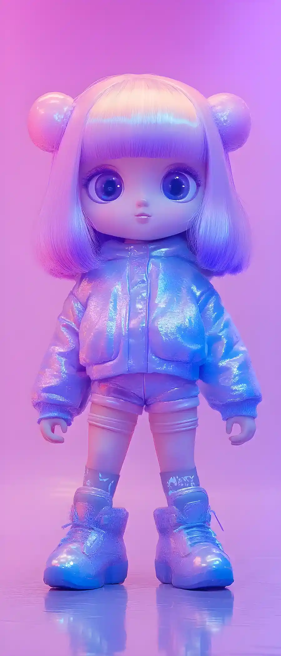 Whimsical metallic fairy standing in vivid pastel purples