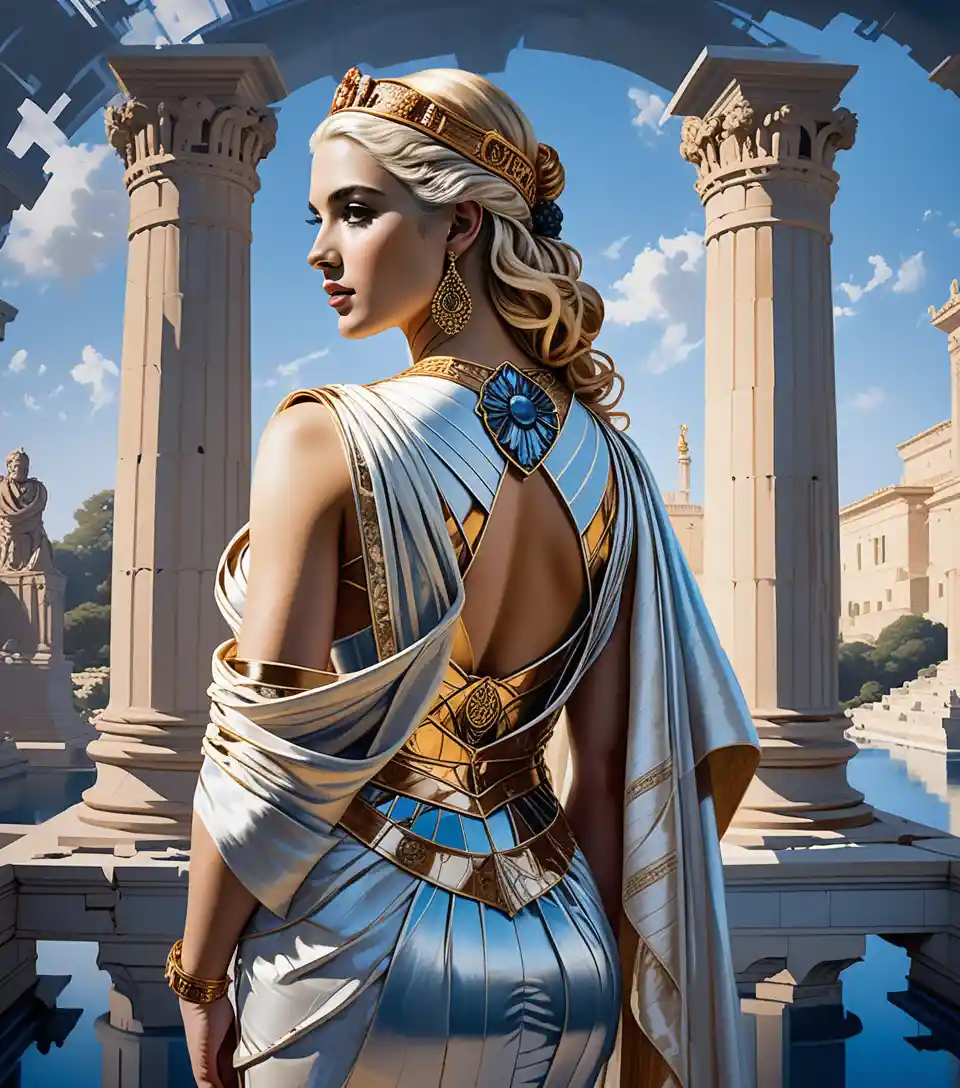 Roman princess in a regal toga gown at twilight banquet