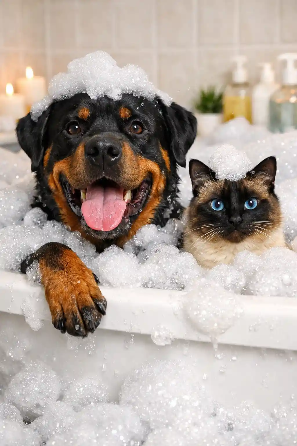 Rottweiler And Siamese Cat Sharing A Playful Bubble Bath