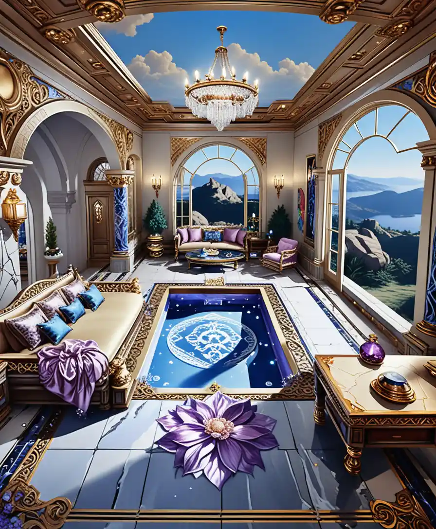 Isometric luxury stone villa interior in fantasy mountain setting
