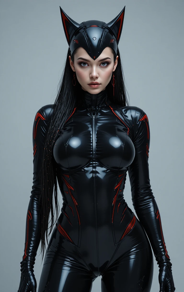 Futuristische Kriegerin mit Katzenohren im schwarzen Latexanzug