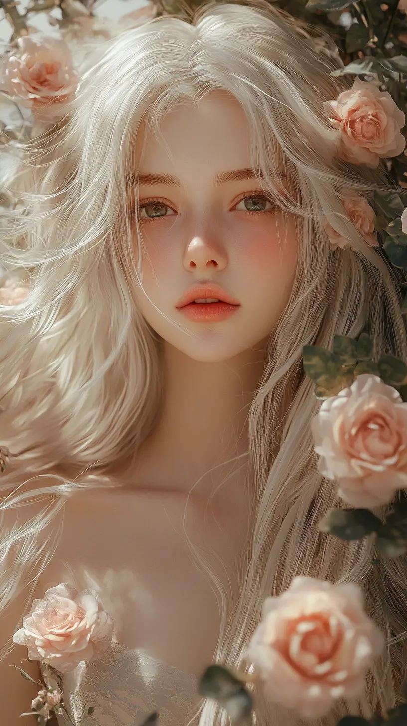 Ethereal woman with platinum hair among pink roses
