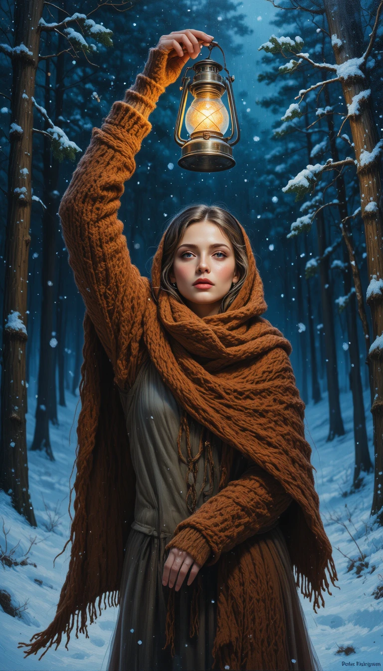 ランタンを持つ少女が雪の夜の森を歩く
