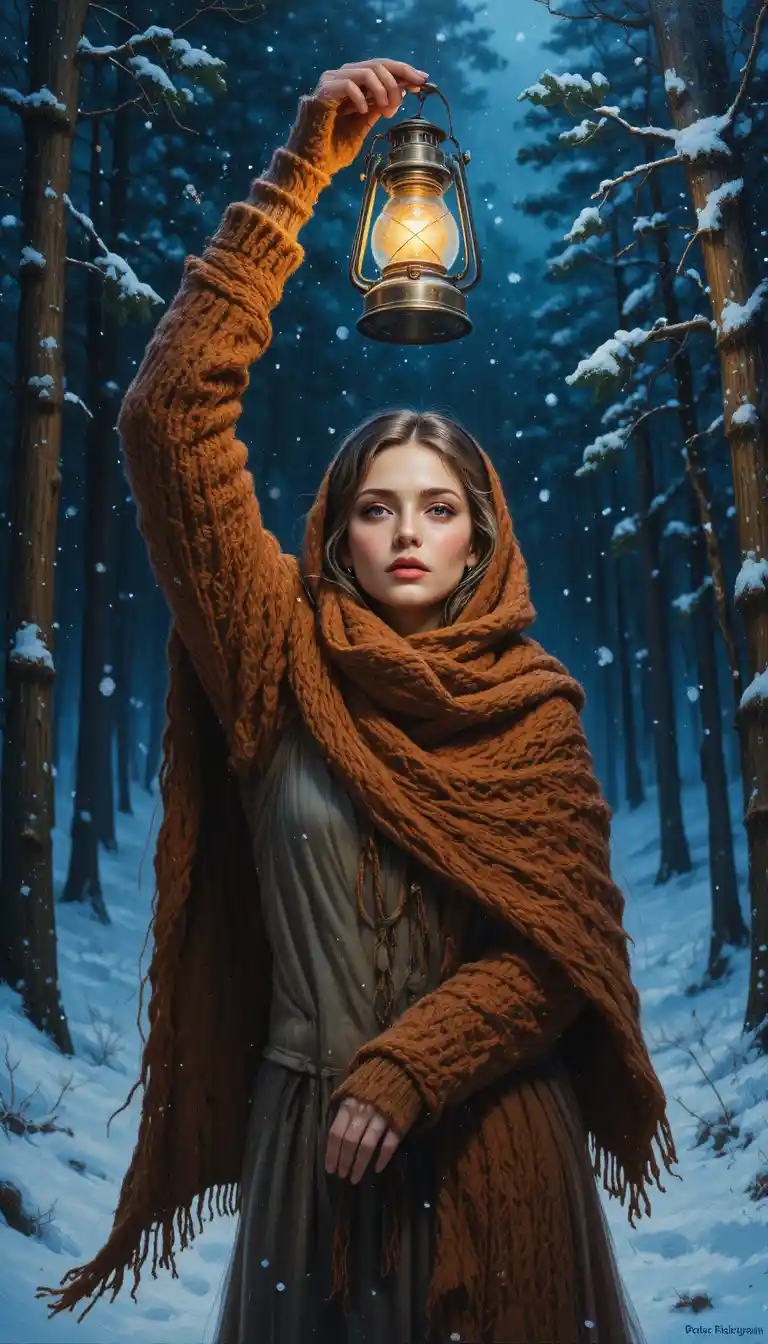 Girl With Lantern Walking Through Snowy Night Forest