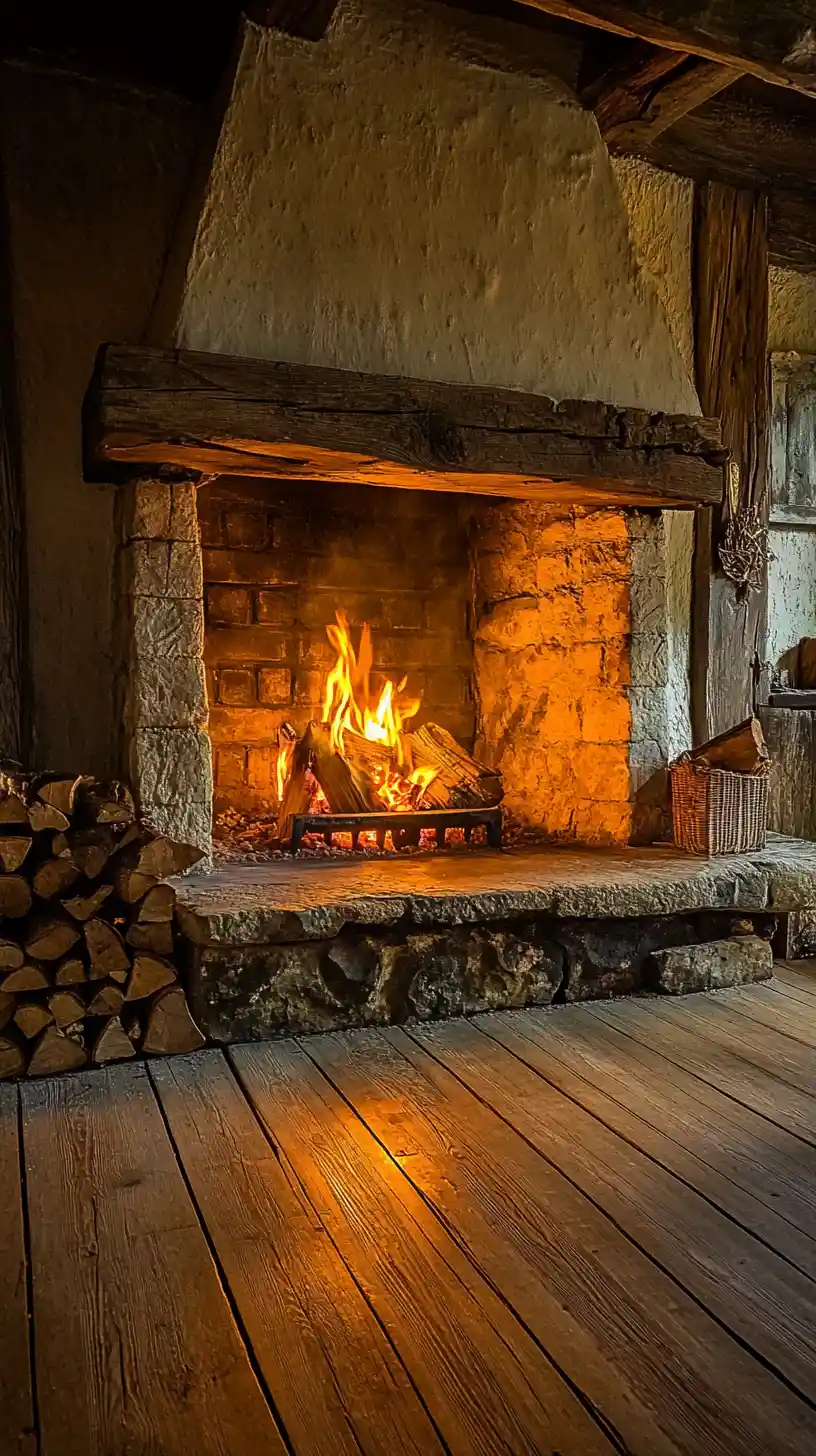 Gemütlicher rustikaler Kamin, der in einem warmen Holzinterieur glüht